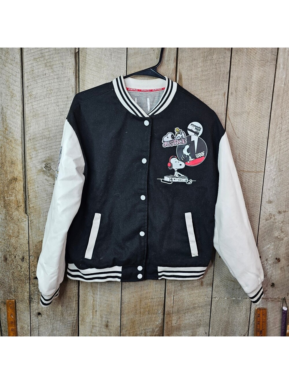 Justice Peanuts Snoopy Varsity Jacket Womens Vintage Style Black White Size S